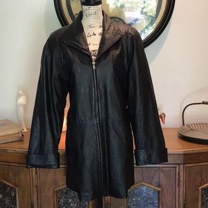 N.Y.D.A Mid length black leather coat size XL